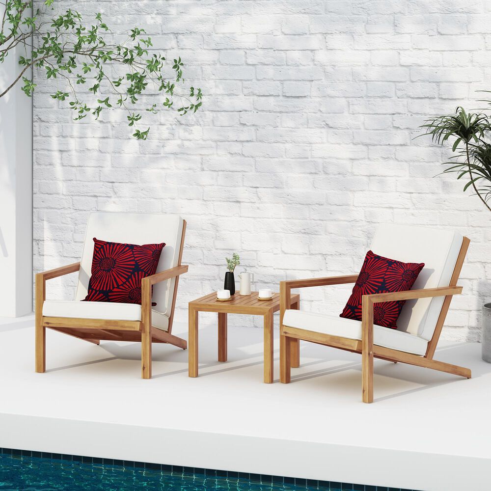 Hearth and Haven Leah 3-Piece Patio Chat Set with Cream Cushion in Teak, , large