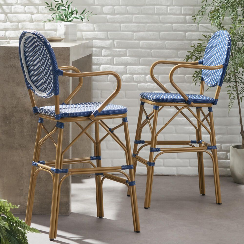 Hearth and Haven Outdoor Wicker Bar Stool with Footrest in Bamboo Print and Navy Blue (Set of 2), , large