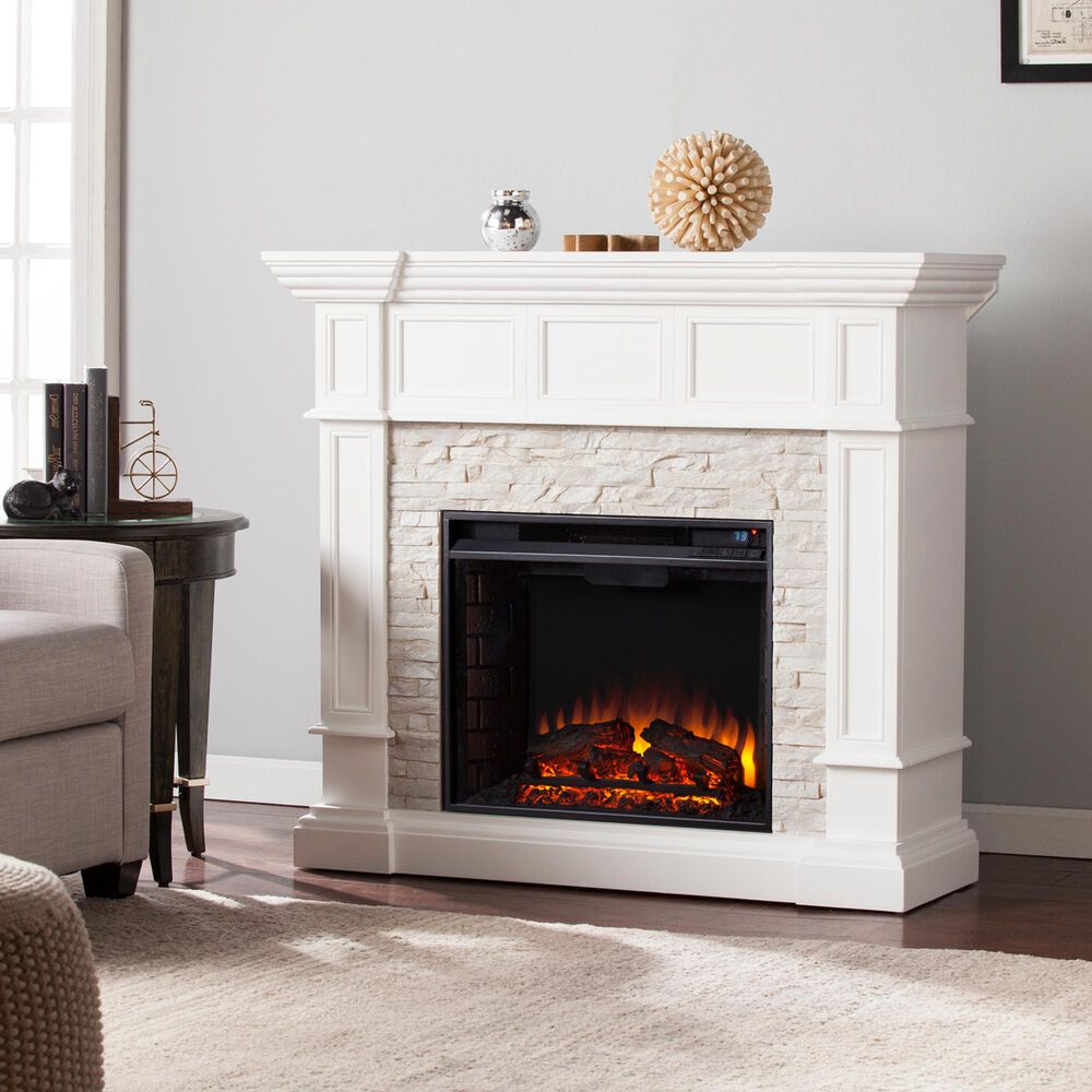 Southern Enterprises Engo Electric Convertible Corner Fireplace in Fresh White/Rustic White Faux Stone, , large