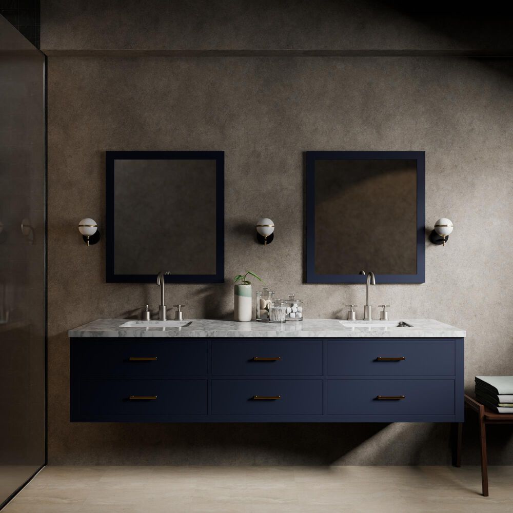 Lexora Home Castor 84" Double Bathroom Vanity in Blue with 2 cm White Carrara Marble Top and Rectangular Sinks, , large