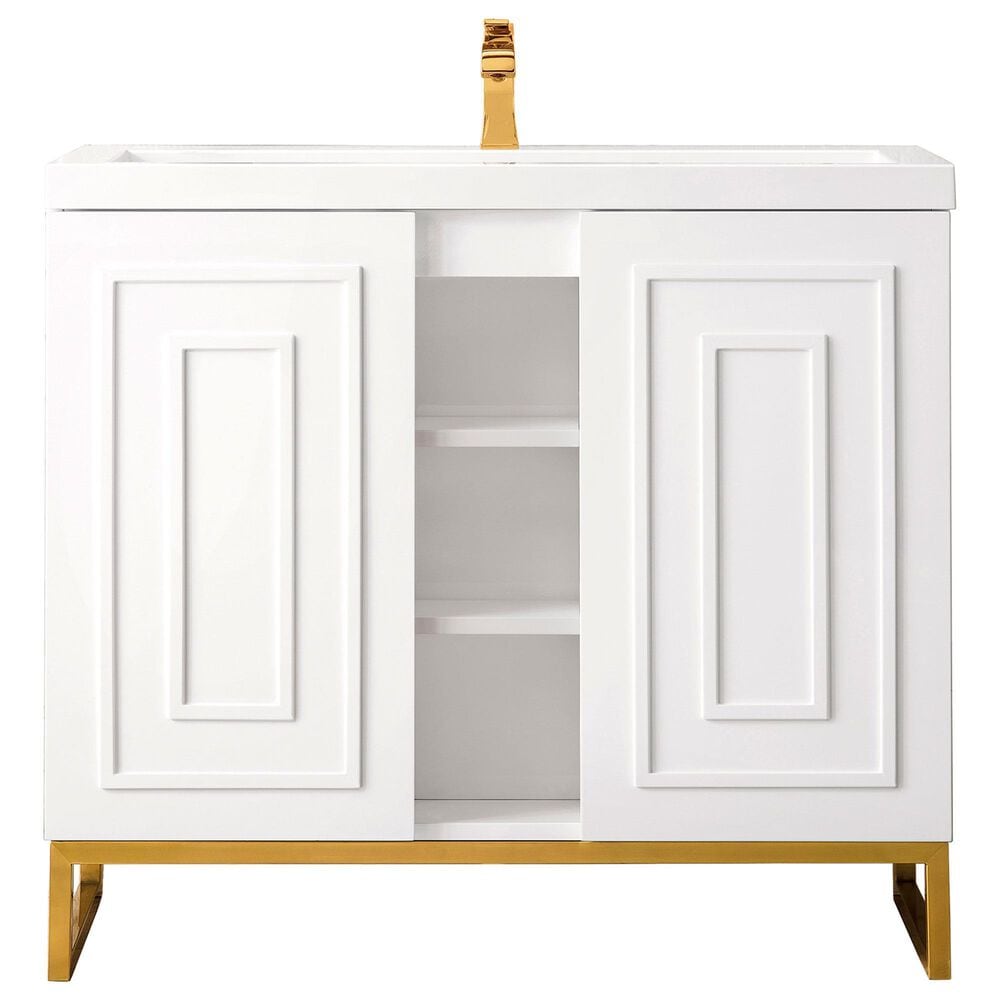 James Martin Vanities Alicante 39.5" Single Bathroom Vanity in Glossy White and Radiant Gold with 5 cm White Glossy Resin Top and Rectangular Sink, , large