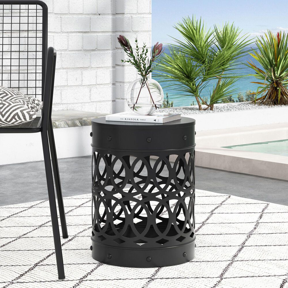 Hearth and Haven Large Cylindrical-Shaped Iron Patio End Table in Black, , large