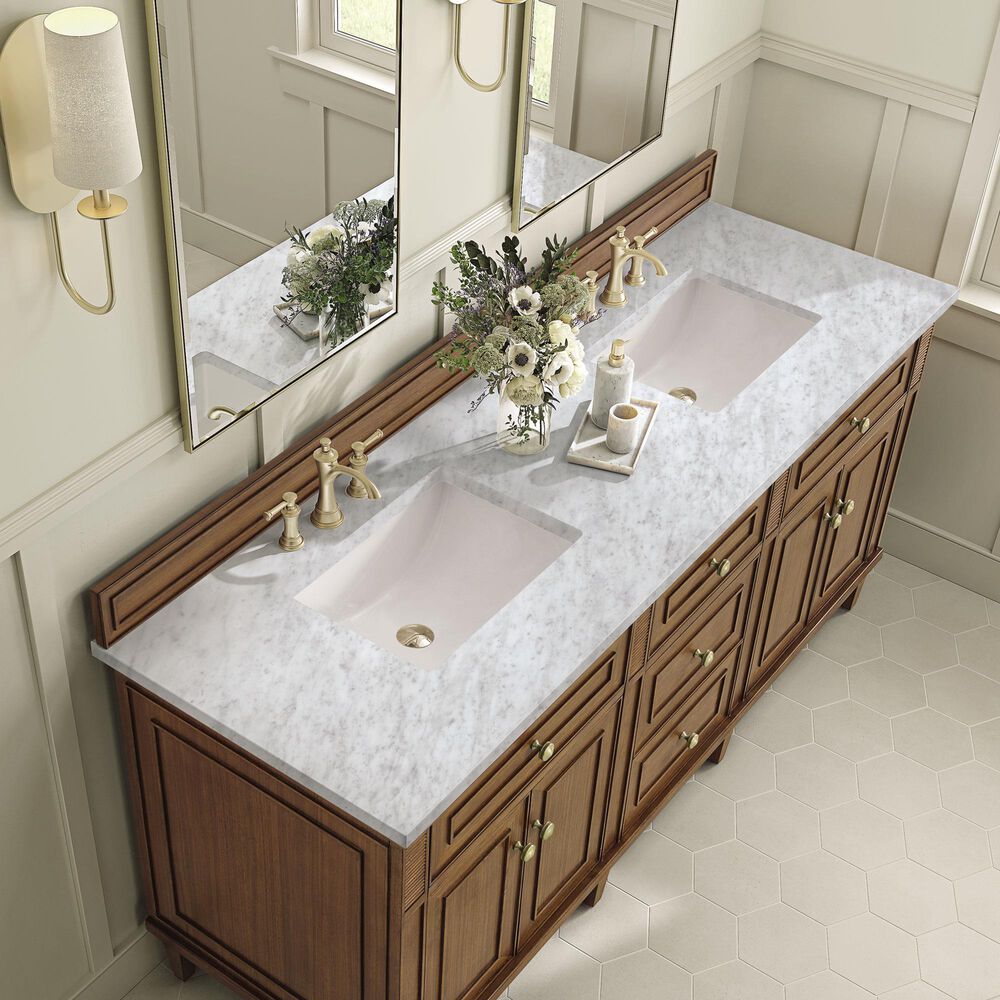 James Martin Vanities Lorelai 72&quot;Double Vanity in Mid-Century Walnut with 3 cm Carrara White Marble Top, , large