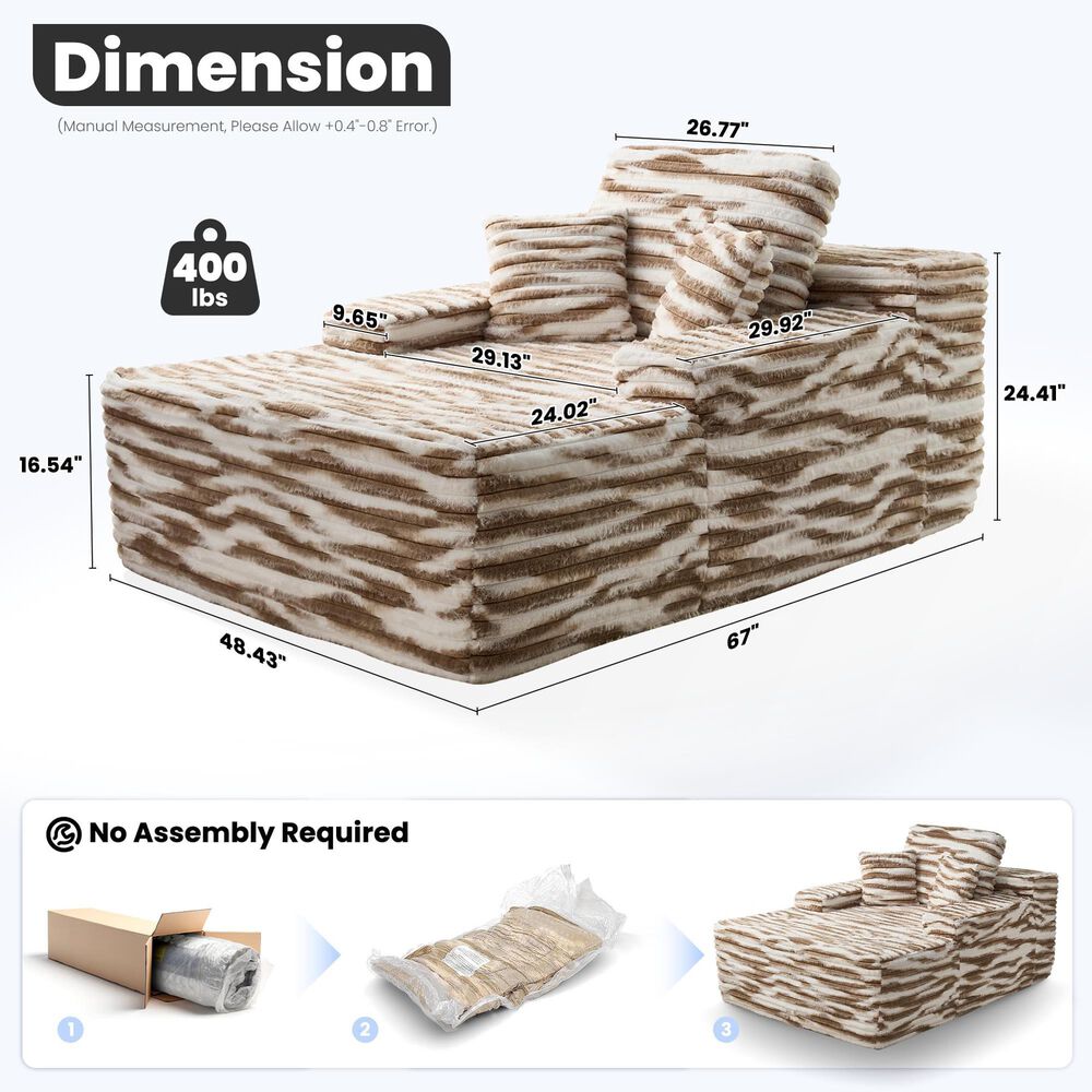 HOMLUX Cloud Faux Fur Chaise Lounge with Plush Pillows in Brown Zebra, , large