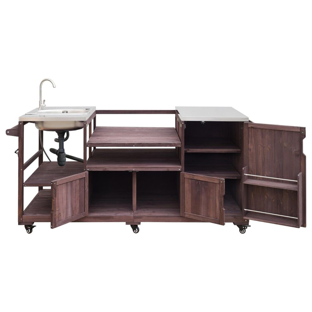 HOMLUX 75.4" Outdoor Kitchen Island with Sink, Solid Wood Outdoor Grill Cart for XL Green Egg Grills, Rolling Outdoor Bar Cart with Stainless Steel Top, for Pizza Prep &amp; BBQ, Brown, , large