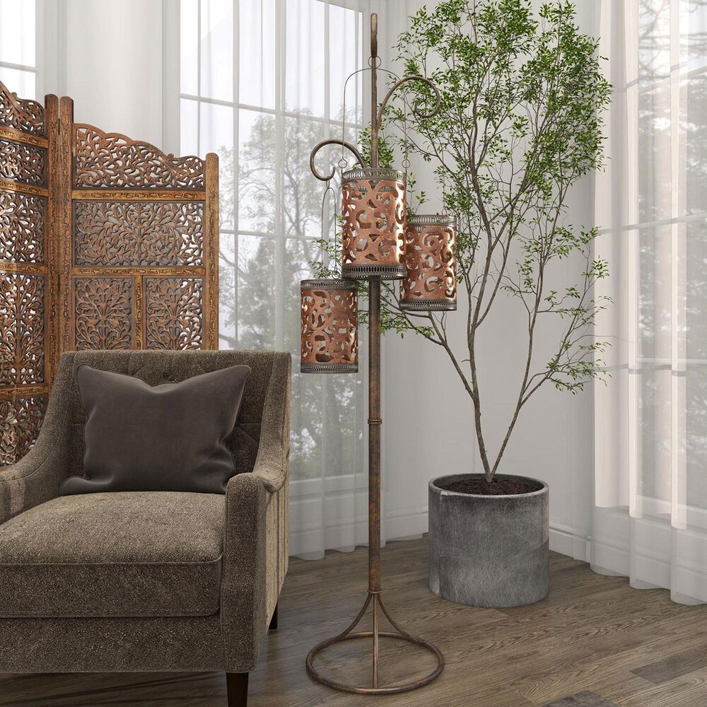 Maple and Jade Perforated Moroccan Standing Floor Scroll Candle Lantern with 3 Suspended Holders in Brass, , large