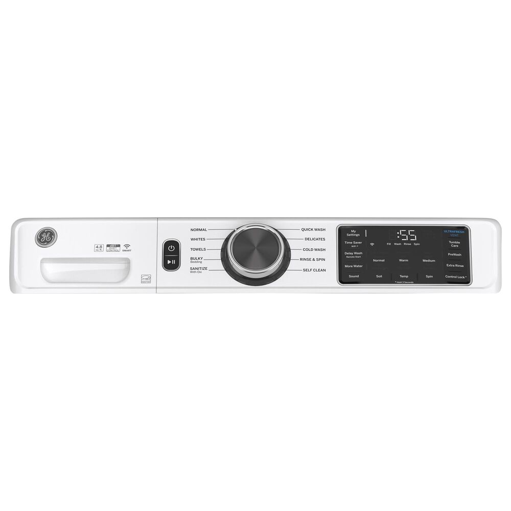 GE Appliances 4.8 Cu. Ft. Front Load Washer and 7.8 Cu. Ft. Electric Dryer Laundry Pair with Pedestal in White, , large