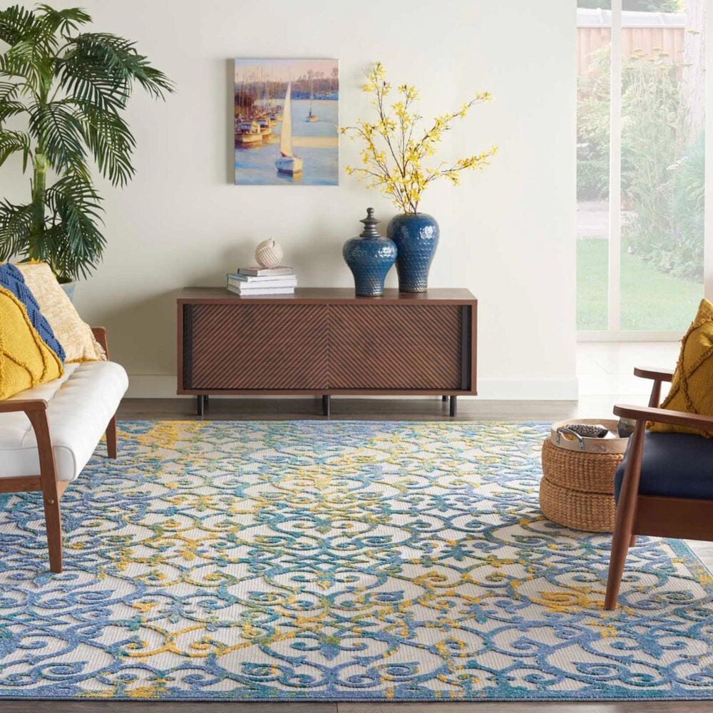 Nourison Aloha 9&#39; x 12&#39; Ivory and Blue Indoor/Outdoor Area Rug, , large