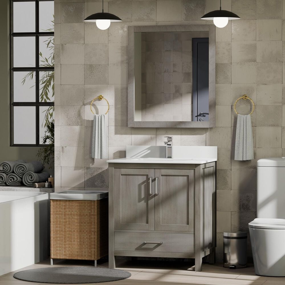 Lexora Home Jacques 30" Single Bathroom Vanity in Distressed Grey with 2 cm White Quartz Top and Rectangular Sink, , large