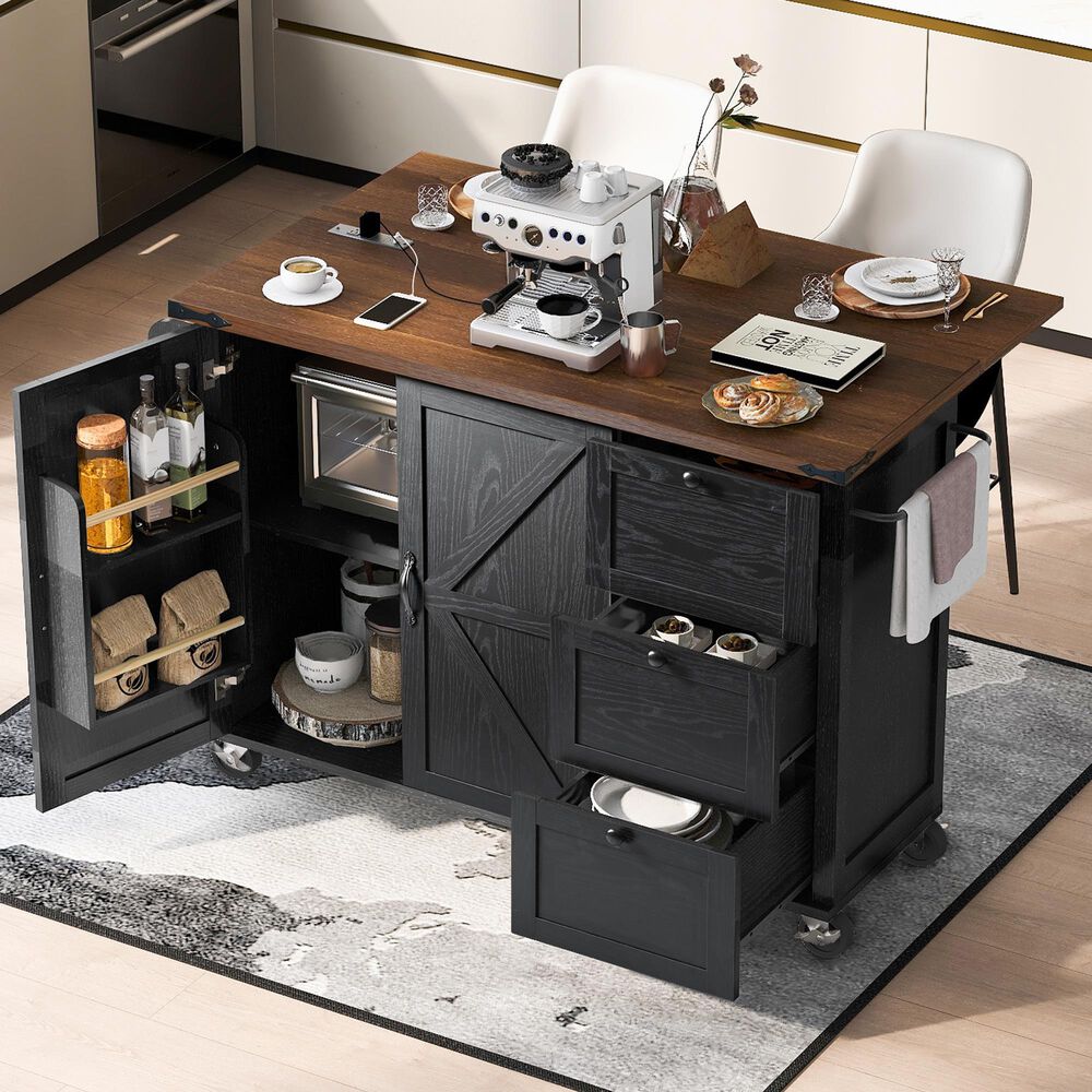 HOMLUX 55" Farmhouse Kitchen Island with Power Outlet in Black, , large