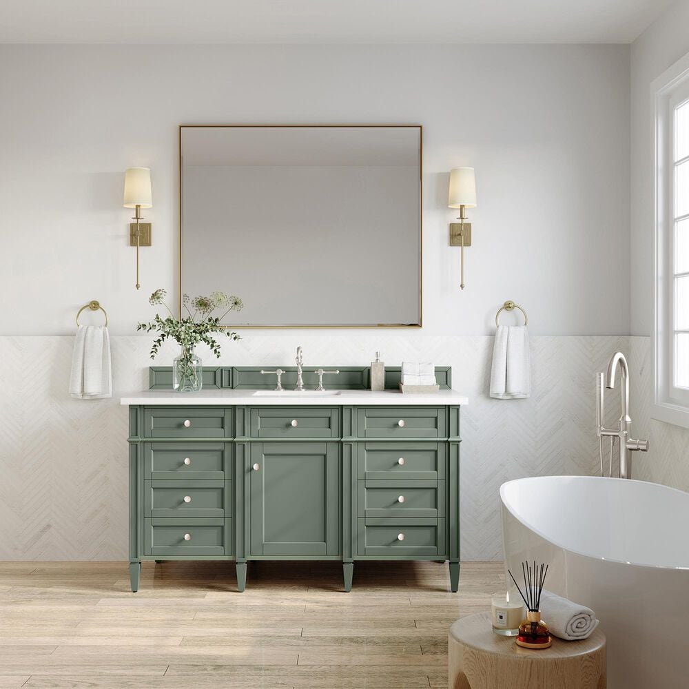 James Martin Vanities Brittany 30&quot; Single Bathroom Vanity in Smokey Celadon with 3 cm White Zeus Quartz Top and Rectangular Sink, , large