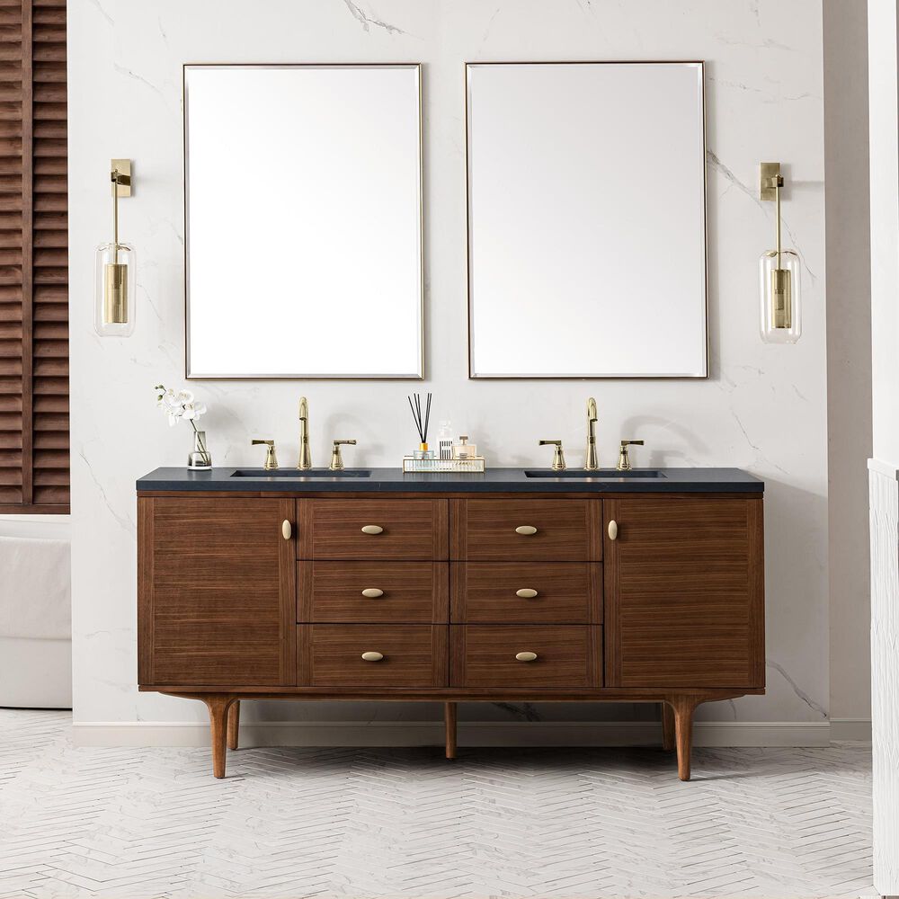James Martin Vanities Amberly 72&quot; Double Bathroom Vanity in Walnut with 3 cm Charcoal Soapstone Quartz Top and Rectangular Sinks, , large