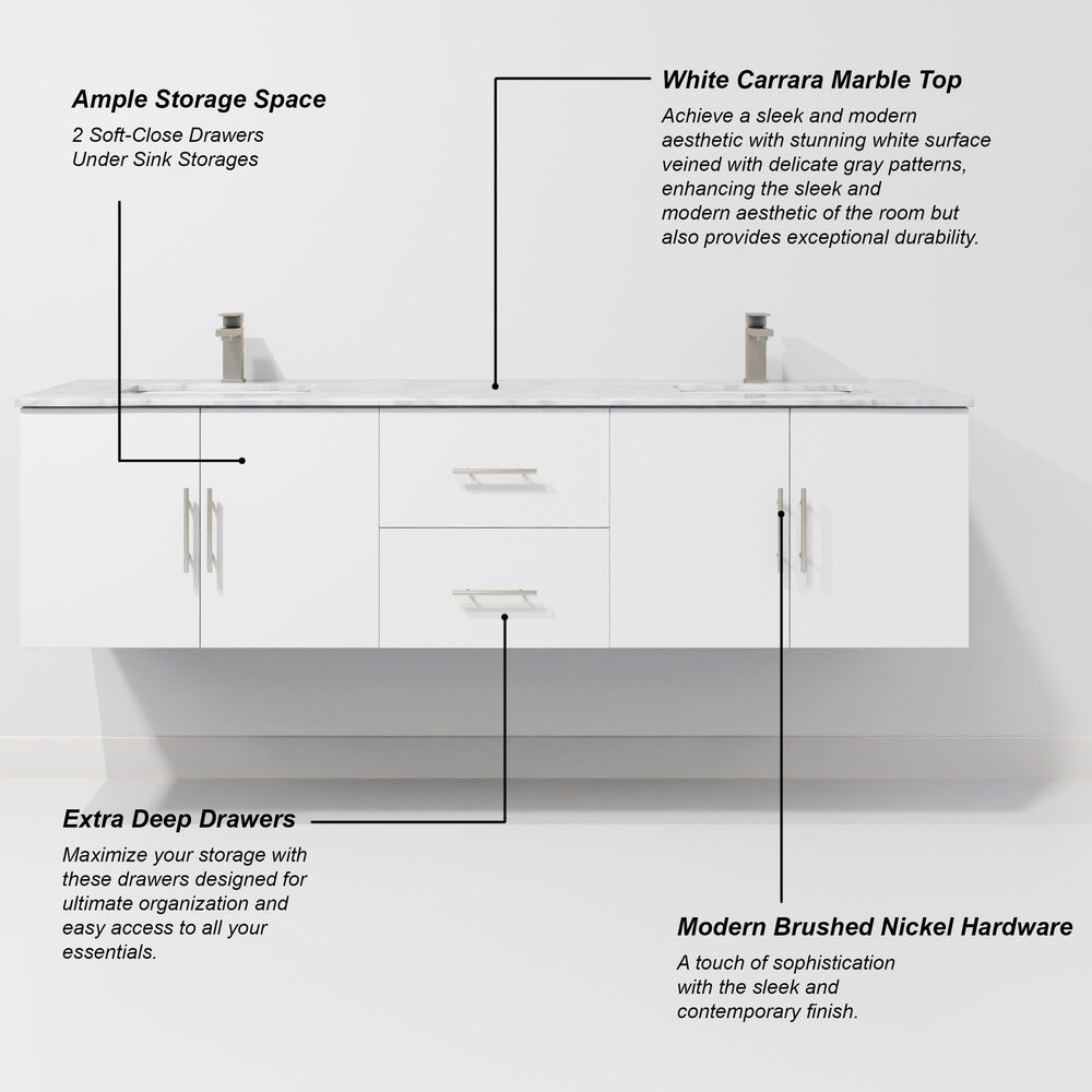 Lexora Home Geneva 72&quot; Double Bathroom Vanity in Glossy White with 2 cm White Carrara Marble Top and Rectangular Sinks, , large