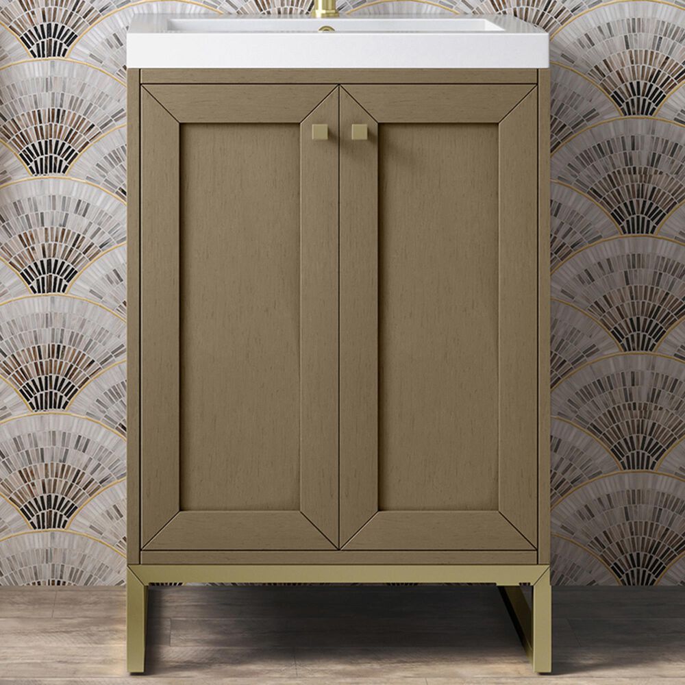 James Martin Vanities Chianti 24" Single Bathroom Vanity in Walnut Whisper and Champagne Brass with 2 cm White Glossy Composite Stone Top and Rectangular Sink, , large