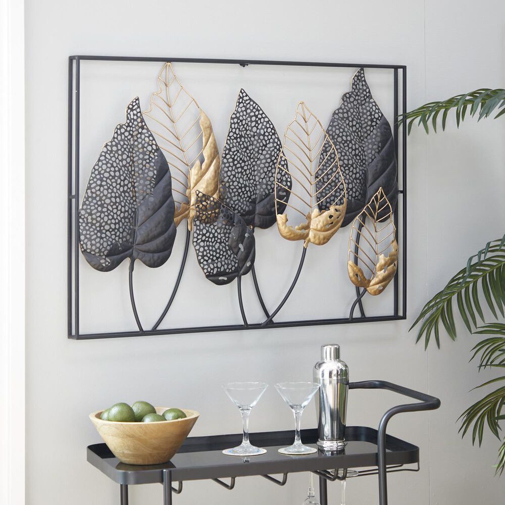 Maple and Jade 26&quot; x 38&quot; Leaves Wall Decor in Black and Gold, , large