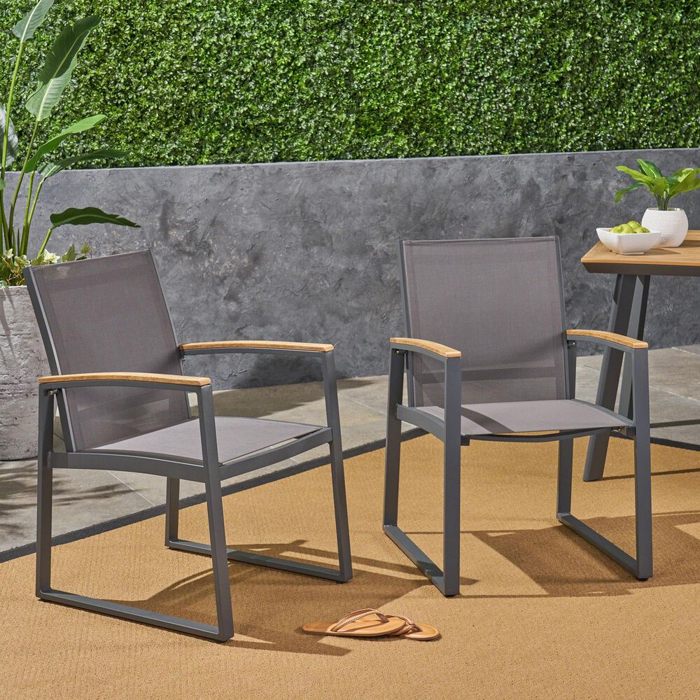 Hearth and Haven Glasgow Outdoor Dining Chair with Mesh Seat in Grey &#40;Set of 2&#41;, , large