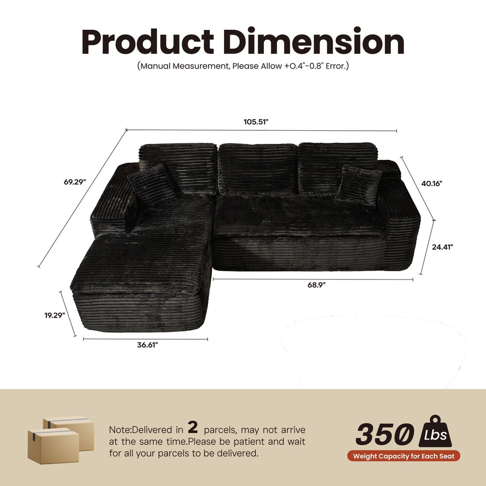 HOMLUX 105.5" Zero Assembly Sofa with Ergonomic Chaise Sectional in Black, , large