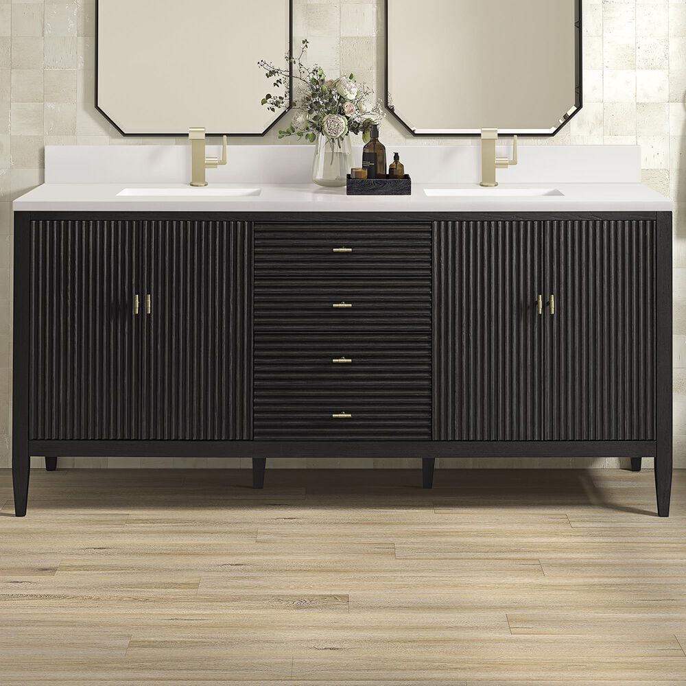 James Martin Vanities Myrrin 72&quot; Vanity in Carbon Oak with Single Hole 3 cm White Zeus Quartz Top &amp; Backsplash, , large