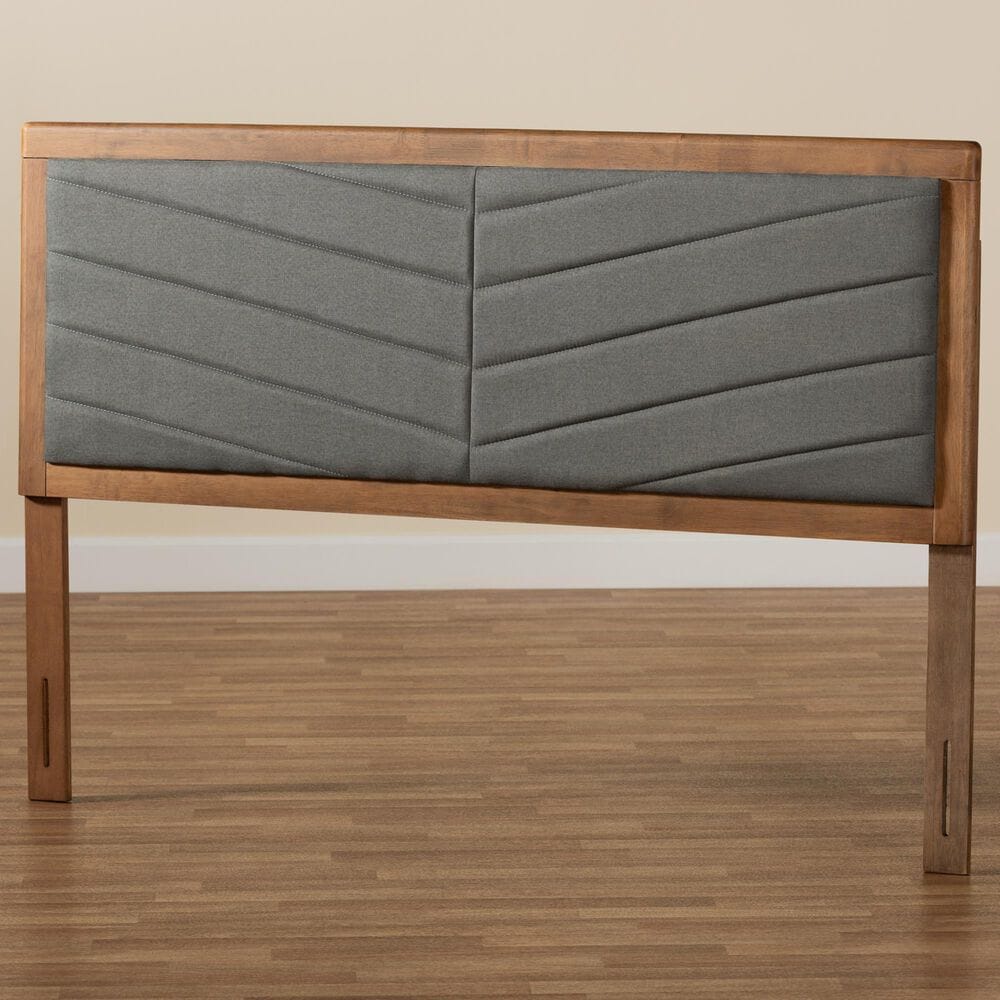 Baxton Studio Iden Queen Panel Headboard with Dark Grey Fabric in Walnut Brown, , large