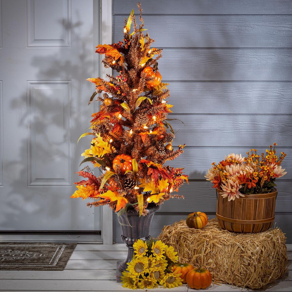 The Gerson Company 46&quot; Pre-Lit Porch Tree with Pumpkins, Pinecones, and Berries in Orange, , large