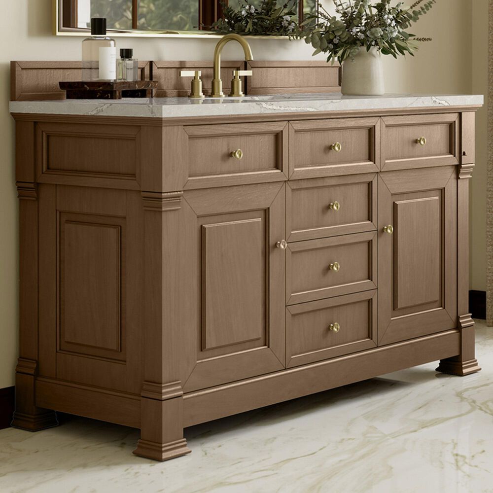 James Martin Vanities Brookfield 60&quot; Single Bathroom Vanity in Pecan with 3 cm Victorian Silver Quartz Top and Rectangular Sink, , large