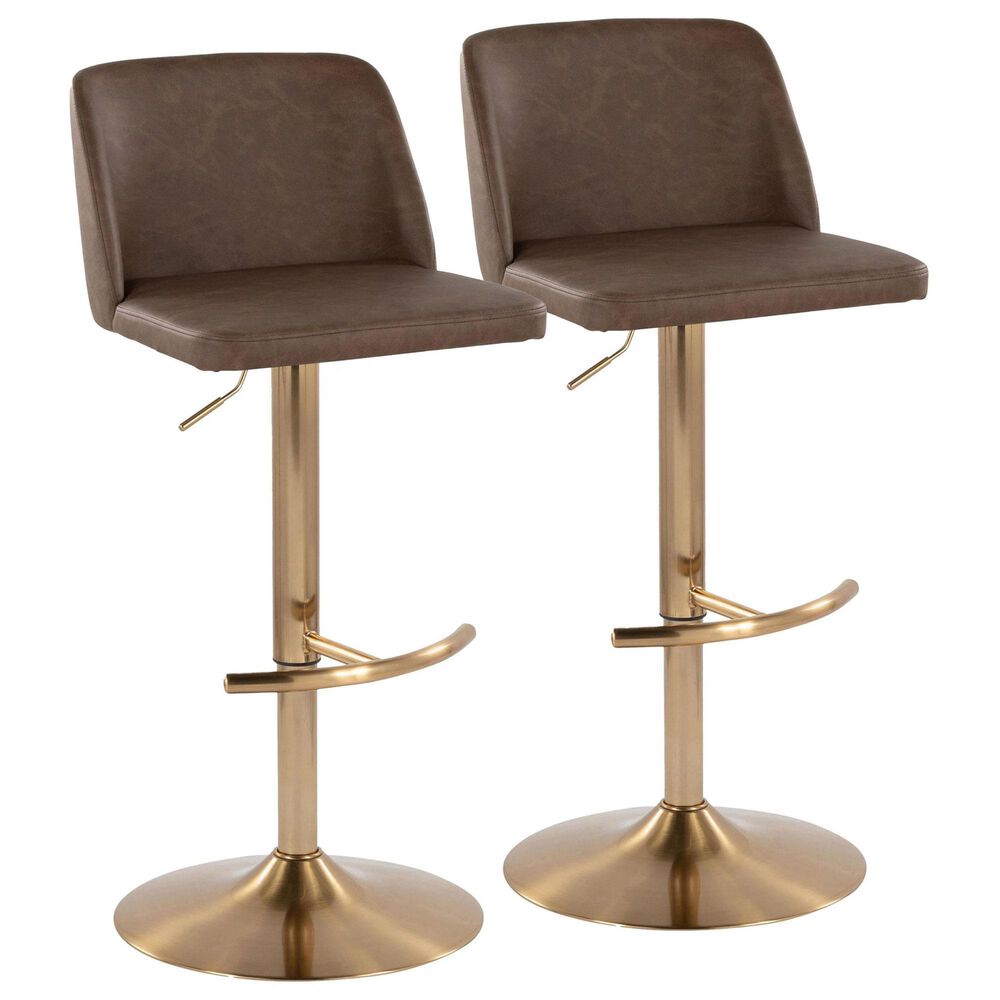 LumiSource Toriano Swivel Adjustable Bar Stool with Espresso Faux Leather Upholstery in Gold (Set of 2), , large