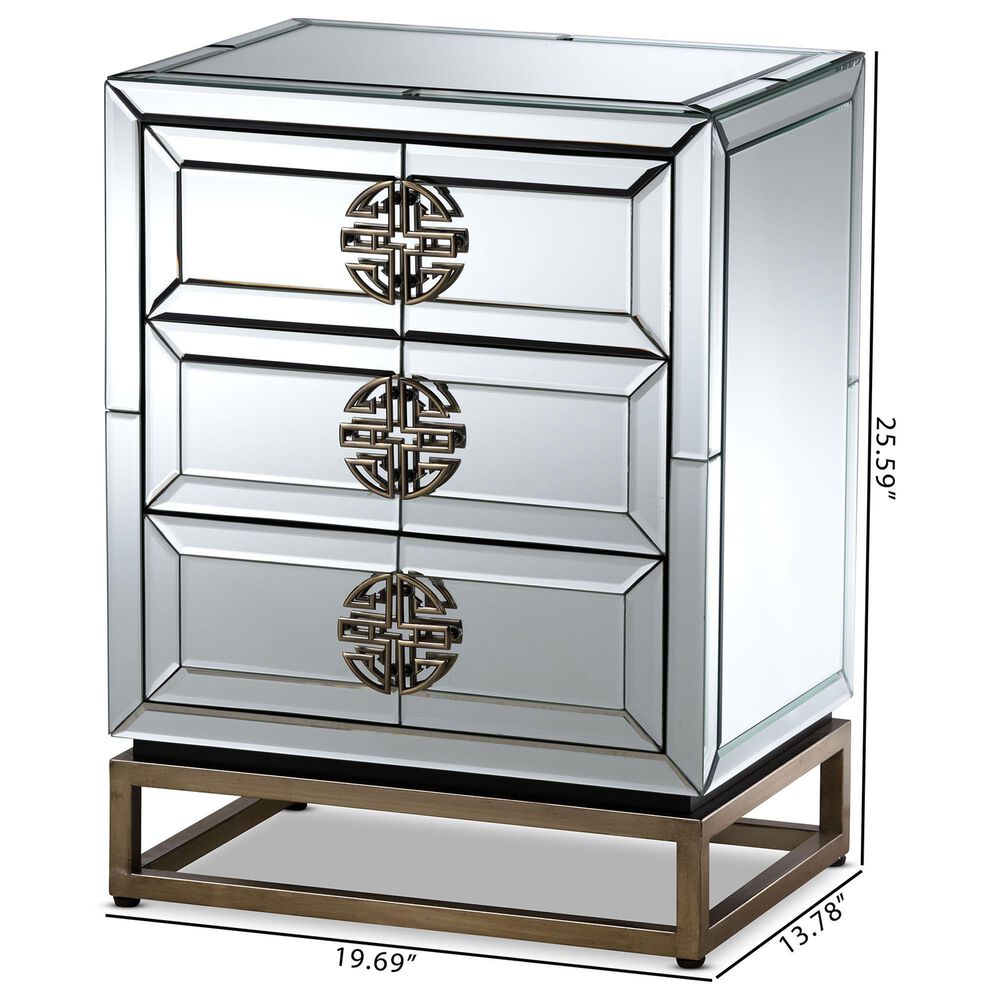 Baxton Studio Laken Mirrored 3-Drawer End Table in Silver and Antique Bronze, , large