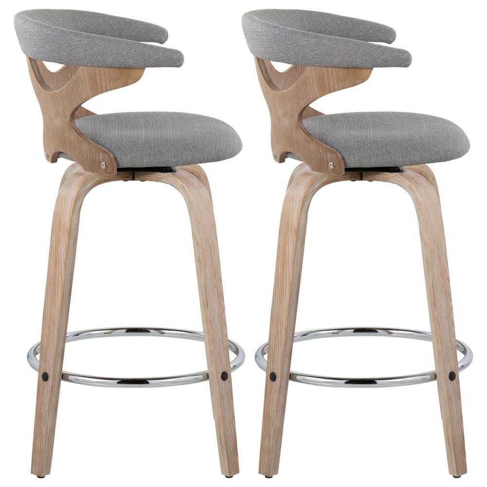 LumiSource Gardenia Swivel Fixed-Height Counter Stool with Light Grey Fabric Upholstery in Chrome and Whitewashed (Set of 2), , large
