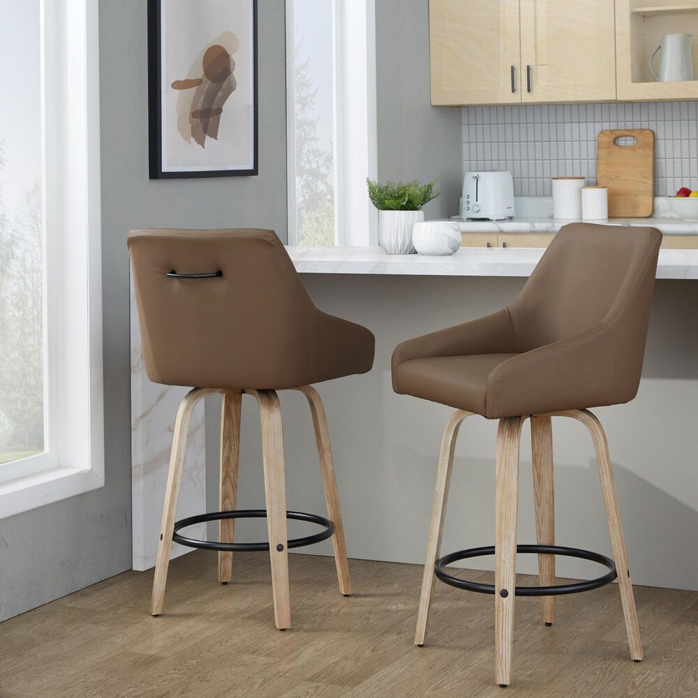 LumiSource Hannah Swivel Counter Stool with Brown Faux Leather Upholstery in Whitewashed and Black (Set of 2), , large