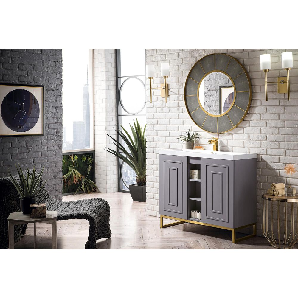 James Martin Vanities Alicante 39.5&quot; Single Bathroom Vanity in Grey Smoke and Radiant Gold with 5 cm White Glossy Resin Top and Rectangular Sink, , large