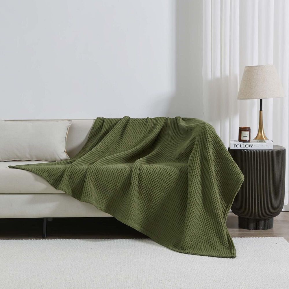 Trade Linker Full/Queen Waffle Weave Knit Throw Blanket in Olive, , large
