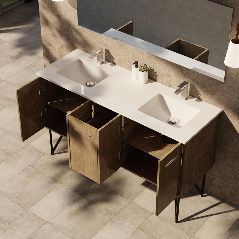 Lexora Home Lancy 60" Double Bathroom Vanity in Rustic Acacia with 2 cm White Quartz Top and Rectangular Sinks, , large