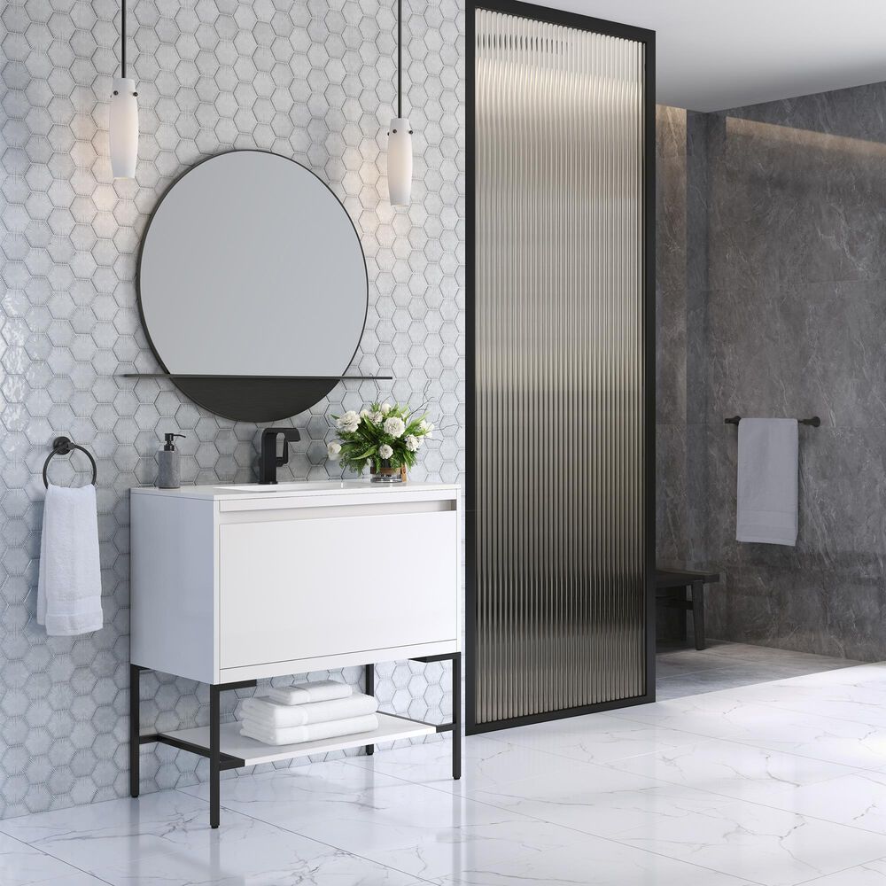 James Martin Mantova 35.4&quot; Single Bathroom Vanity in Glossy White and Matte Black with 2 cm Glossy White Solid Surface Top and Rectangular Sink, , large