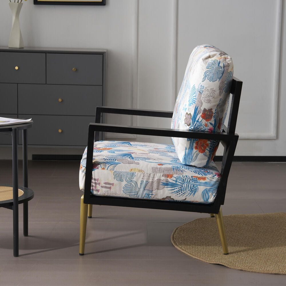 Hearth and Haven Floral Velvet Lounge Arm Chair with Gold Metal Legs in Blue, , large