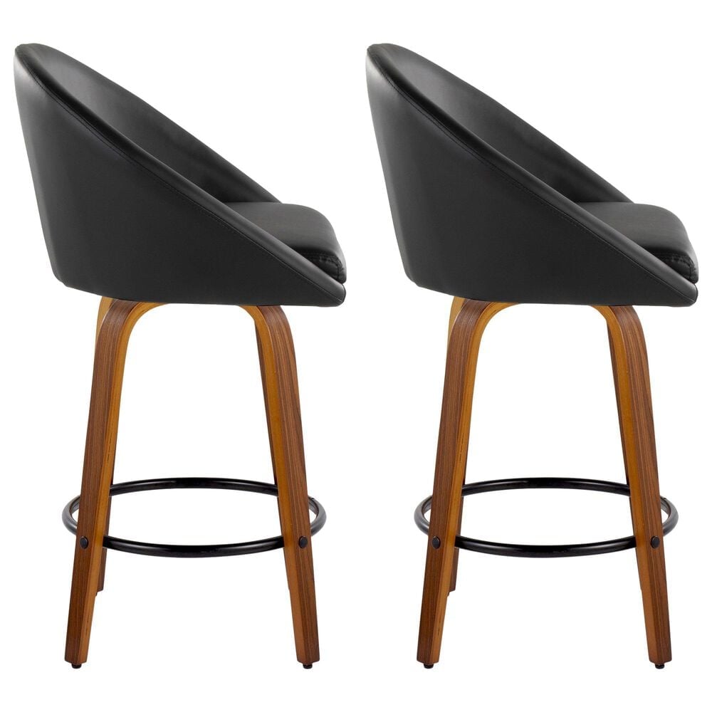 LumiSource Matisse 26" Swivel Counter Stool with Black Faux Leather Upholstery in Walnut and Black (Set of 2), , large