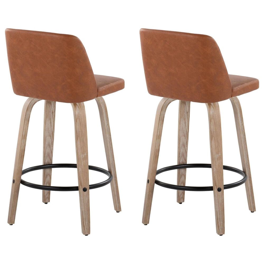 LumiSource Toriano Swivel Counter Stool with Camel Faux Leather Upholstery in Whitewashed and Black (Set of 2), , large