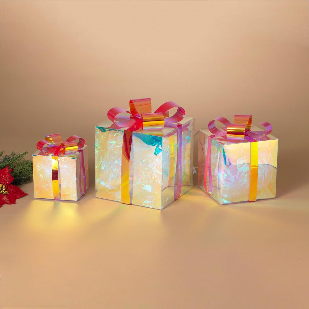 The Gerson Company 3-Piece USB Electric RGB Lighted Holographic Holiday Gift Box Set in White, , large