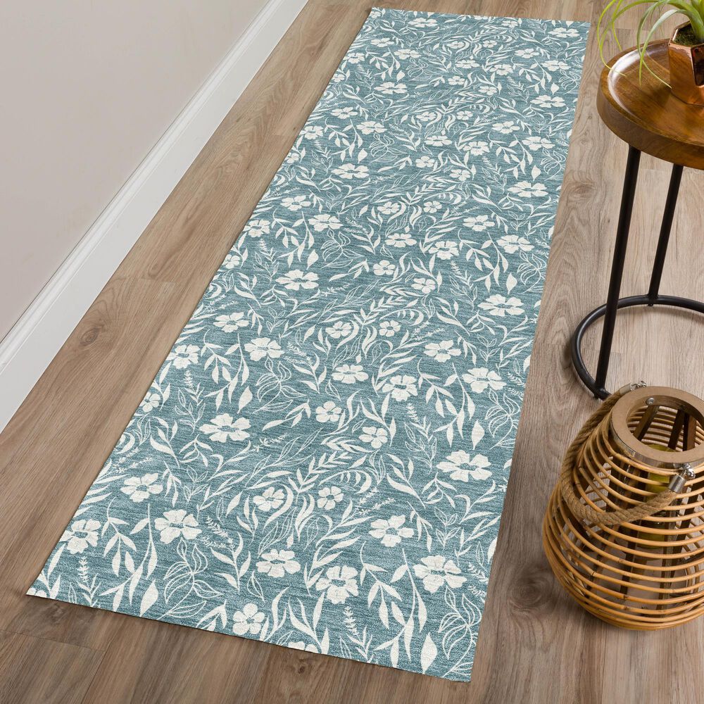 Dalyn Rug Company Soft Essentials Floral Teal 2'3" x 7'6" Indoor/Outdoor Runner, , large