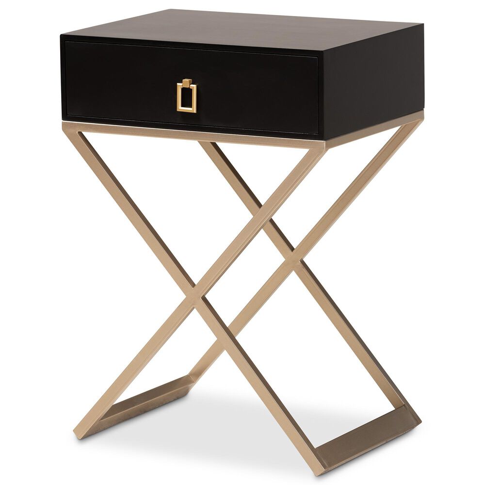 Baxton Studio Patricia 1-Drawer End Table in Black and Brass, , large