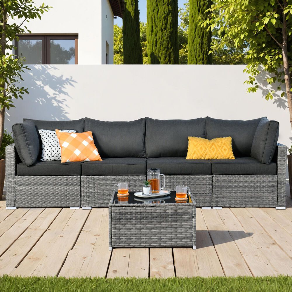 HOMLUX 5-Piece Patio Conversation Set with Grey Wicker in Black, , large