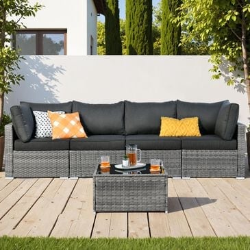 HOMLUX 5-Piece Patio Conversation Set with Grey Wicker in Black, , large