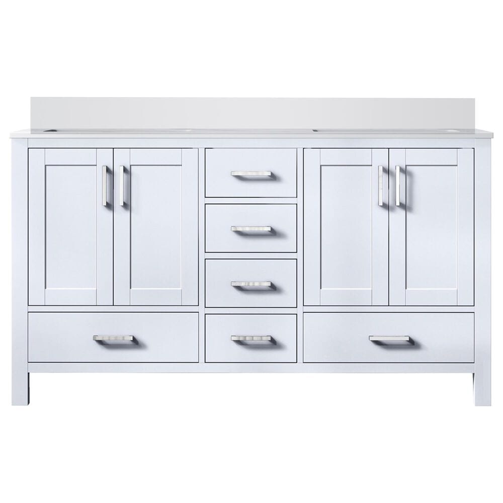 Lexora Home Jacques 60&quot; Double Bathroom Vanity in White with 2 cm White Quartz Top and Rectangular Sinks, , large