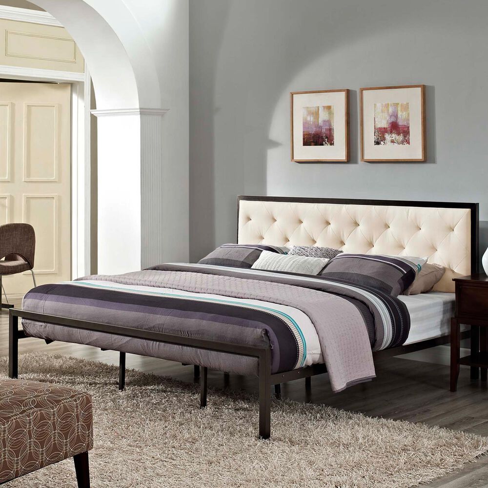 Modway Mia Beige Fabric Upholstered King Platform Bed in Brown, , large