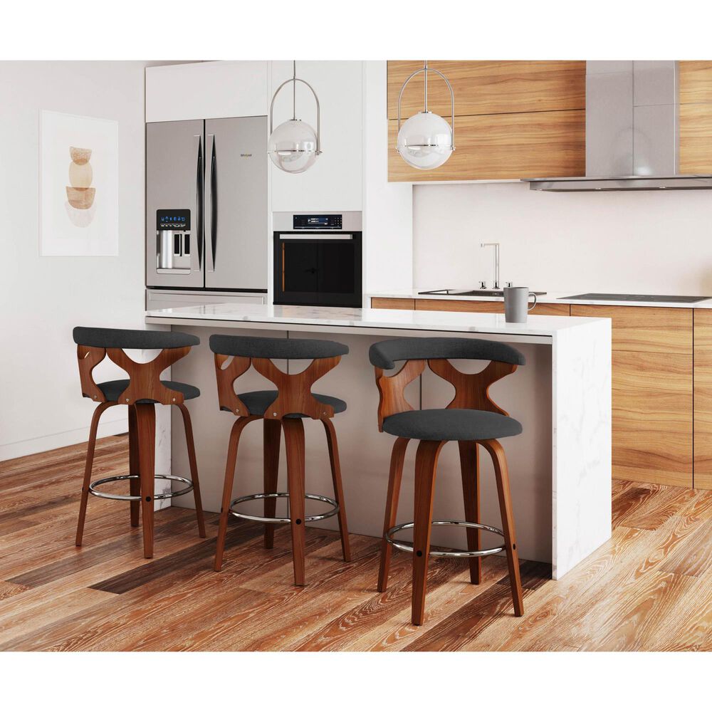 LumiSource Gardenia Swivel Fixed-Height Counter Stool with Charcoal Fabric Upholstery in Chrome and Walnut (Set of 2), , large