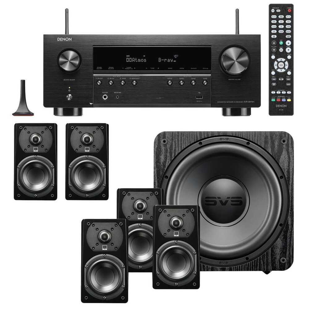 SVS Prime Satellite 5.1 System in Black Ash + Denon 90W 7.2-Channel AV Receiver in Black - Home Theater Package, , large
