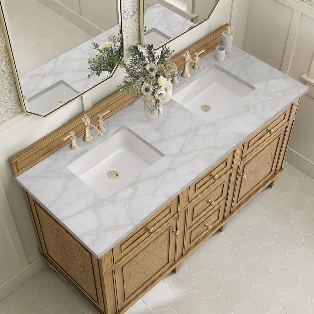 James Martin Vanities Lorelai 60" Double Bathroom Vanity in Light Natural Oak with 3 cm Eternal Jasmine Pearl Silestone Top, Rectangular Sinks and FreePower Wireless Charger, , large
