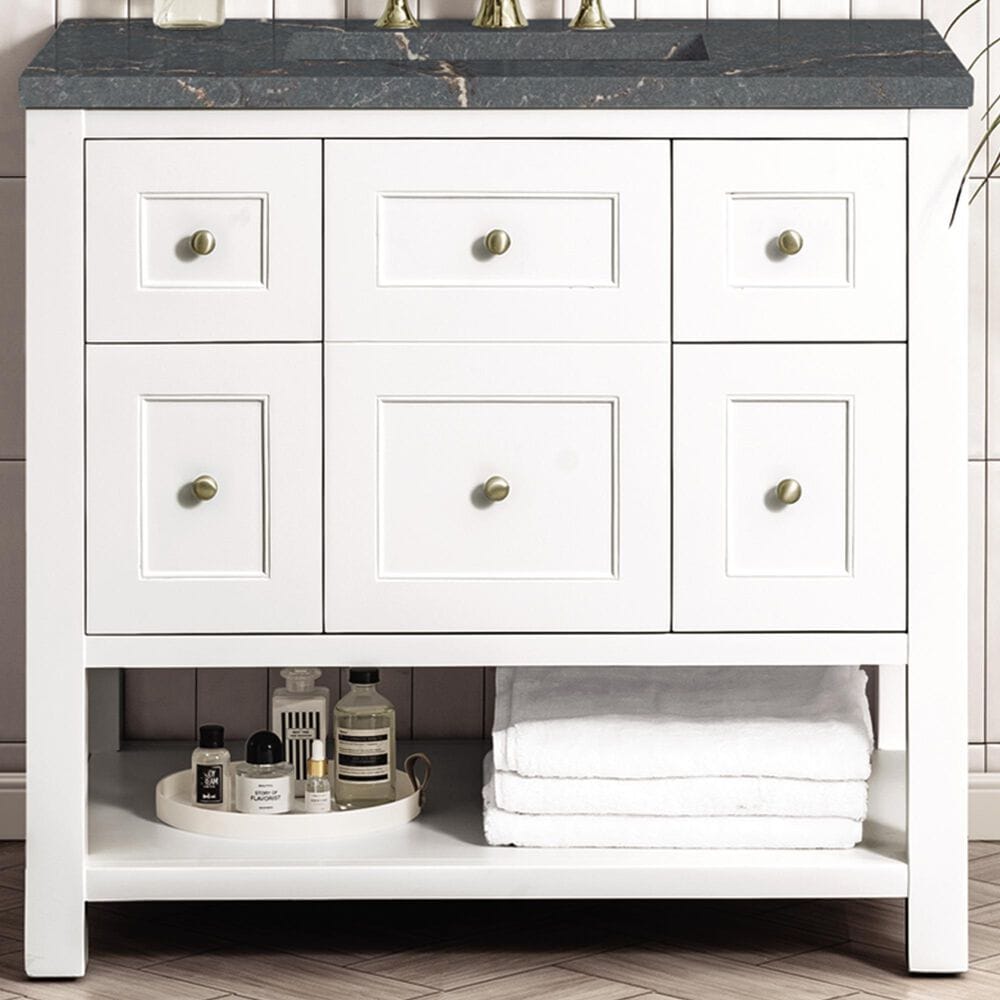 James Martin Vanities Breckenridge 36&quot; Single Bathroom Vanity in Bright White with 3 cm Parisien Bleu Quartz Top and Rectangular Sink, , large