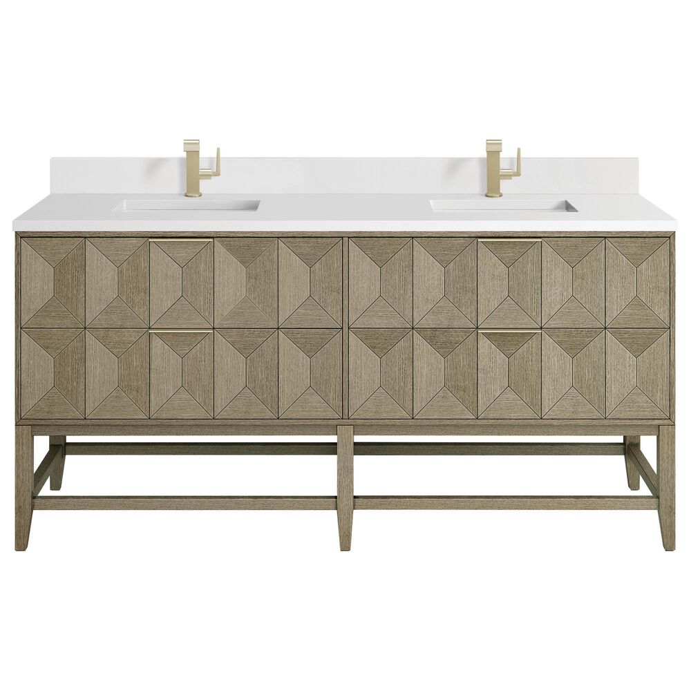 James Martin Vanities Emmeline 72" Double Bathroom Vanity in Pebble Oak with Single Hole 3 cm White Zeus Quartz Top and Rectangular Sinks, , large