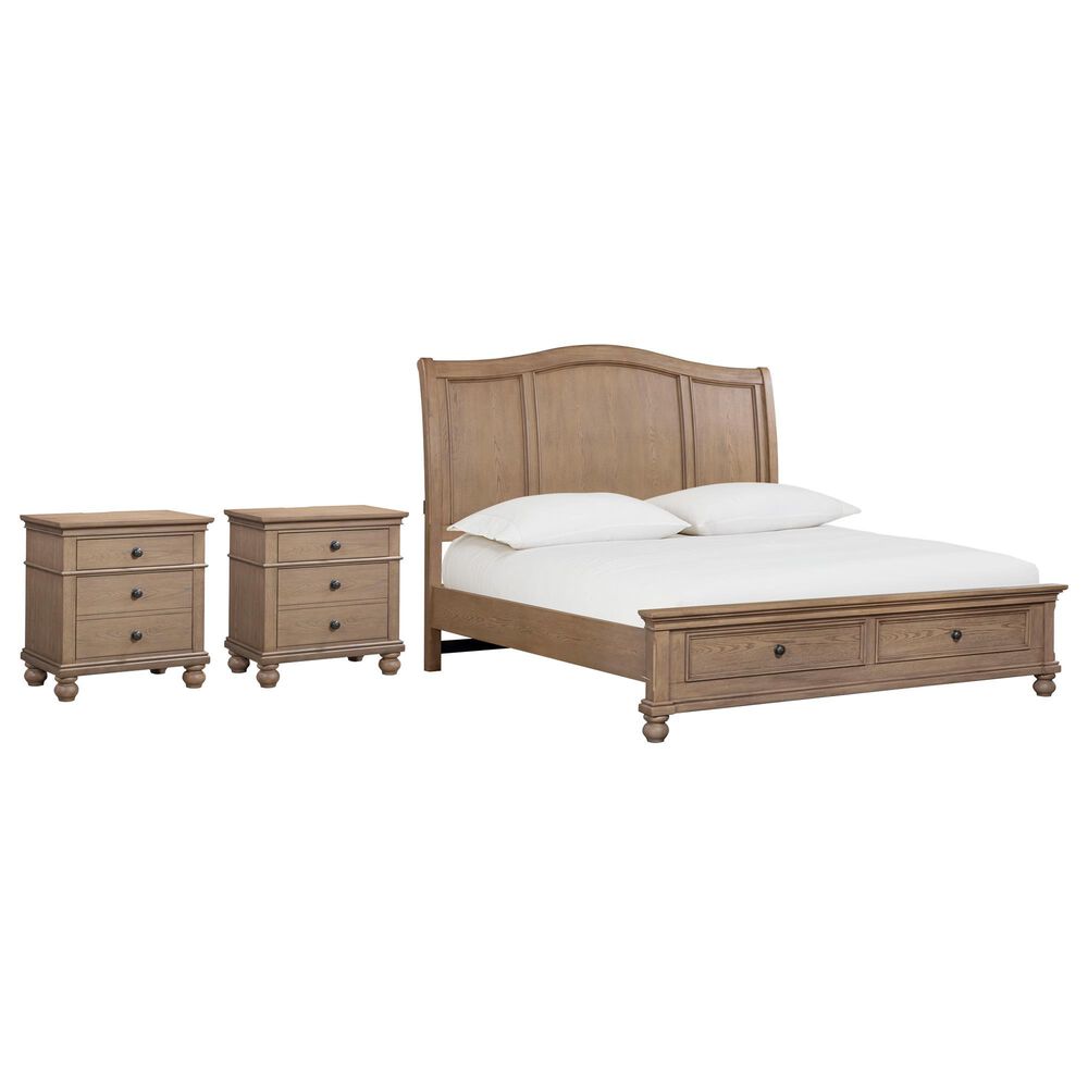 Riva Ridge Oxford California King Sleigh Storage Bed with Two Nightstands in Tan with USB Ports, , large