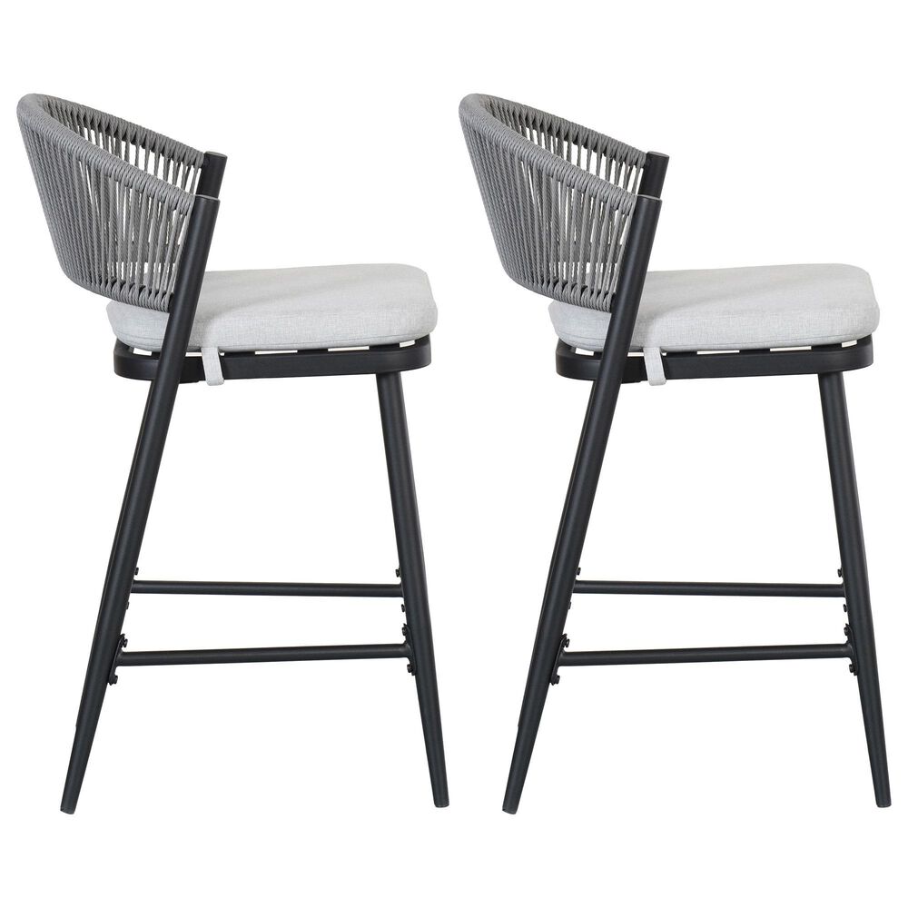 Hearth and Haven 26" Outdoor Counter Stool with Matte Black Frame in Light Gray (Set of 2), , large